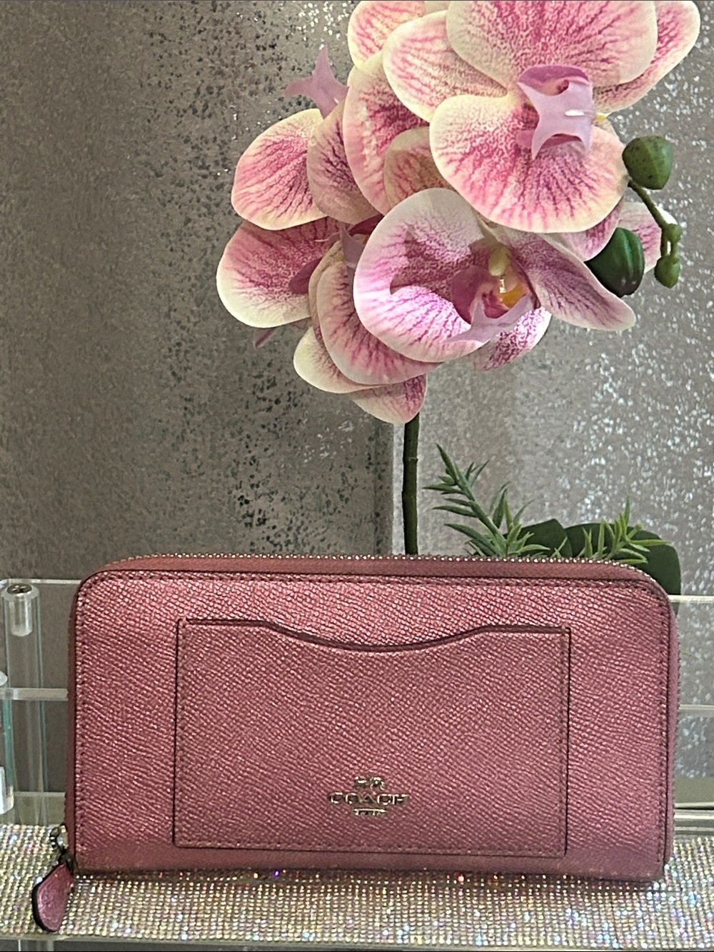COACH Accordion Zip Wallet in Metallic Pink with Front Pocket